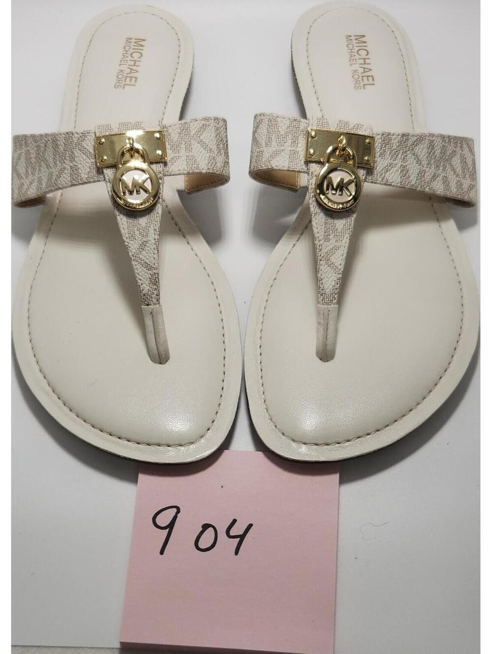 Michael Kors Women's Logo Thong Sandals Beige Gold MK Charm Slip-On 7.5